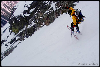 Ski descent of Mt. Maude's NE Couloir. 