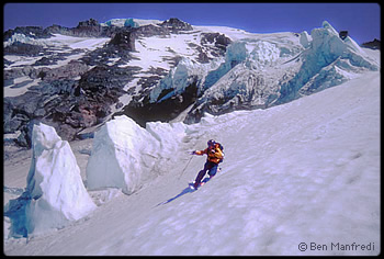 Jason Hummell sking the North Mowich Glacier, Mt. Rainier.