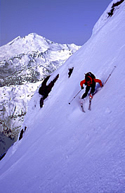 Ski descent of the Mt. Shuksan summit pyramid.Photo by Lowell Skoog.