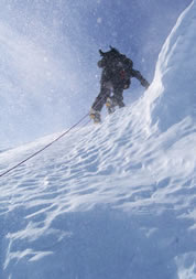 Climbing an ice bulge on Ptarmigan Ridge