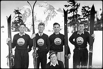 1936 Mountaineers ski team at Mt Baker (L-R): Scott Osborn, Wolf Bauer, Bill Miller, Tom Hill, Don Blair (front). Photo by Robert H. Hayes.