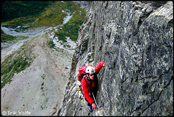 High on the East Face of Mox Peak. Photo © Erik Wolfe.