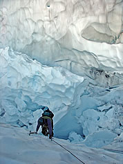 Jens Klubberud on upper hanging glacier of Johannesburg. © Loren Campbell