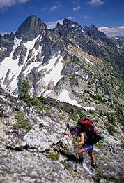 Karen Neubauer exiting Ragged Ridge. © Bob Kandiko  