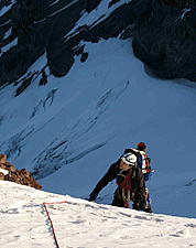 Climbing an ice bulge on Ptarmigan Ridge. Photo © Josh Farris