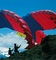 Inflating the parapente in France in 1987. 