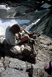 Ed Cooper with Tang on Mt Terror bivi. Photo courtesy Mike Swayne.