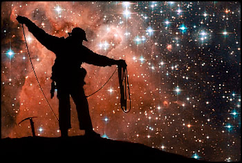 Climber with galaxy. Photo by Carl Skoog and Hubble telescope.