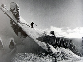 Skiing on the roof of Paradise Inn, 1951.  Photo courtesy of the Spring Trust for Trails.