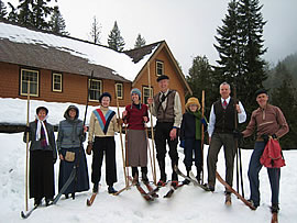 21st century skiers celebrate 100 years of skiing at Longmire, March 2009. Photo © Lowell Skoog.