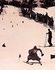 Costume slalom during a ski carnival at Paradise in the 1930s. Photo by Dwight Watson.