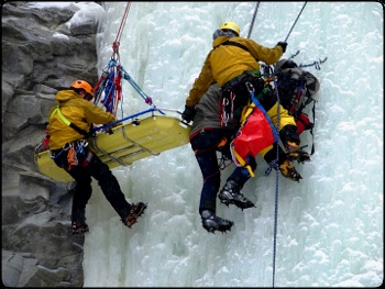 Rescuers training on high-angle ice.  Photo courtesy Rick Wire.