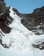 Rolf Larson leading the second pitch (WI4) on Buck Mountain, North Face. Photo © Dan Cappellini.