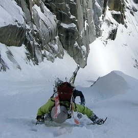 Monika Johnson climbing toward the crux section, NE Couloir, Colchuck Peak. Photo © Sky Sjue.