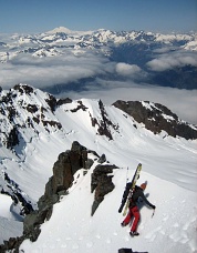 Sky Sjue downclimbing near the summit of Jack Mountain. Photo © Eric Wehrly.