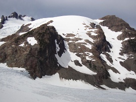 The Snow Dome of Mount Olympus with the West Peak on the left and the North Couloir on the right. Photo © Dan Helmstadter.