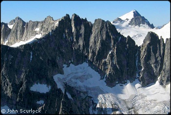 Tillie’s Towers from the North. The North Arte is the sun-shadow line leading to the right-hand point above the V-notch, just left of center in the photograph. Photo © John Scurlock.