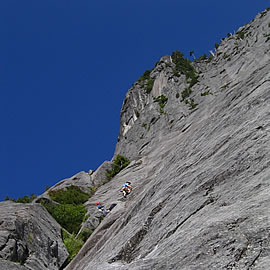 Zach Krup belaying Bill Enger on the 14th pitch. Photo © David Whitelaw.