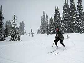 The author skiing near Paradise on leather boots and edgeless wood skis, March 2009. Photo © Lowell Skoog.