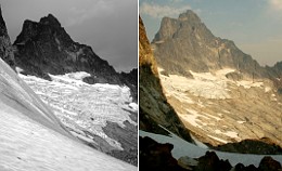 Mount Triumph, east glacier in 1979 (Lowell Skoog) and 2006 (Steph Abegg).