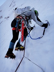Anastasia Blagoveshchenskaya climbs the Kautz Ice Chute. Photo © Todd Eddie.