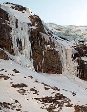 Roosevelt Glacier ice climbs, right area. Photo © Shannon Pahl.