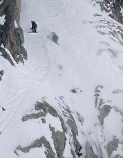 The final obstacle at the bottom of the Hidden Couloir. Photo © John Plotz.