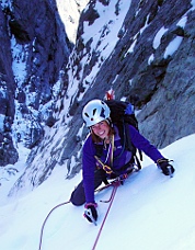 Steph Abegg climbs the “Thread of Ice.” Photo © Wayne Wallace.