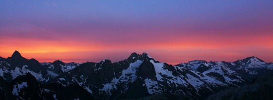 Red dawn over Mount Despair from the Southern Picket Range.  Photo © Steph Abegg.