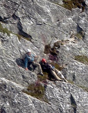 Telephoto of Jason and Steve on the North Buttress of Mount Terror.  Photo © Kelly Bush.