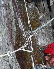 The doubled 8mm rope was nearly severed by rockfall. Photo © Steph Abegg.