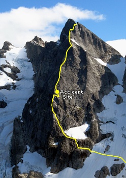 Mount Terror's North Buttress and the accident site. Photo © Steph Abegg.