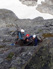 Looking down at the accident site on the North Buttress of Mount Terror. Photo © Donn Venema.