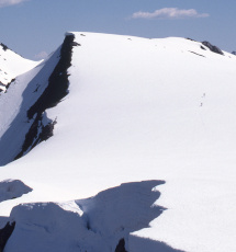 Tiny skiers approaching Bear Pass (upper right).